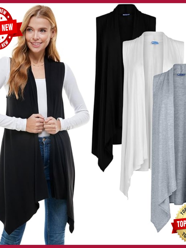 Sleeveless Cardigan Vest 3-Pack, Lightweight Open Front Duster